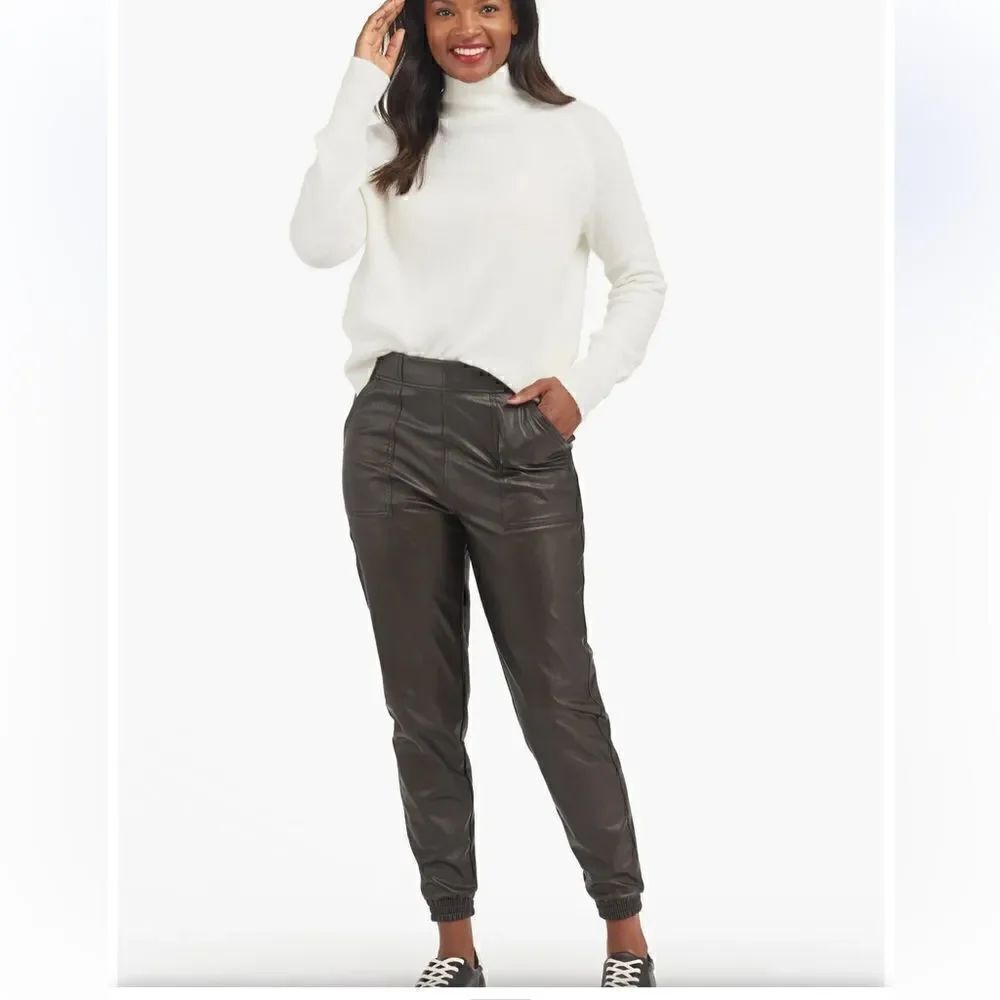 Spanx Women's Leather Faux Jogger in Noir Black Faux Vegan Pull-on Pants S NWT